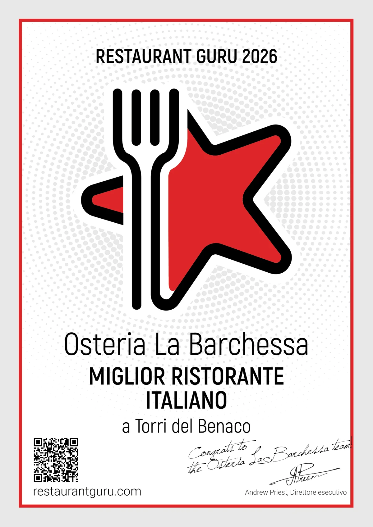 Certificato Restaurant Guru 2026 — Osteria La Barchessa, miglior ristorante italiano a Torri del Benaco Certificato Restaurant Guru 2026 — Osteria La Barchessa, miglior ristorante italiano a Torri del Benaco