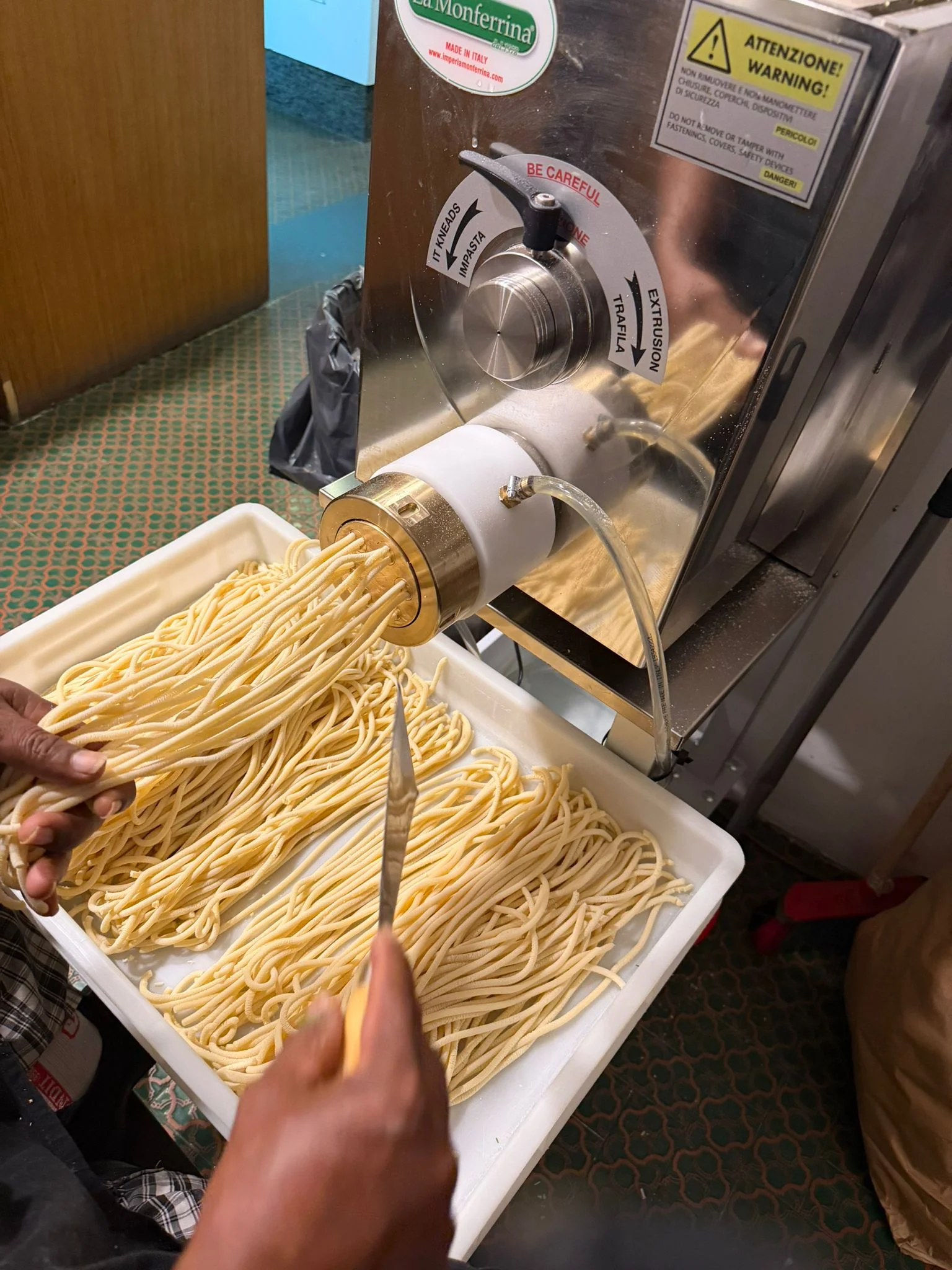Bigoli freschi che escono dalla trafila La Monferrina Bigoli freschi che escono dalla trafila La Monferrina